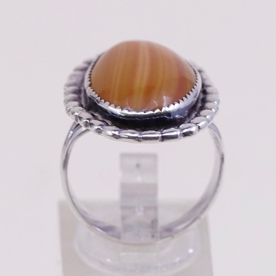 sz 7.25, vtg Southwestern sterling 925 handmade ring w/ orange agate and beads