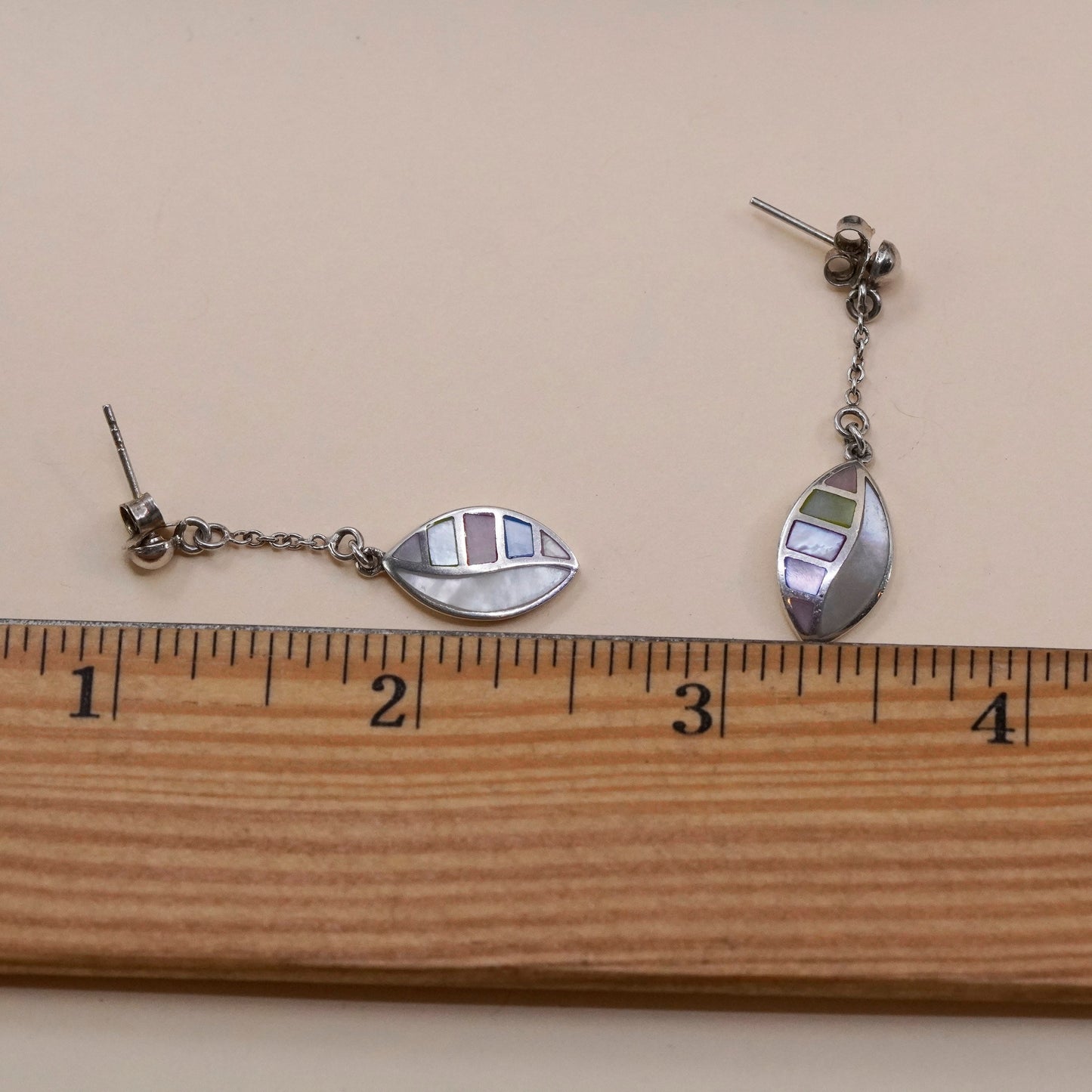 Vintage sterling 925 silver drop earrings, 925 leaf with Mother of pearl inlay
