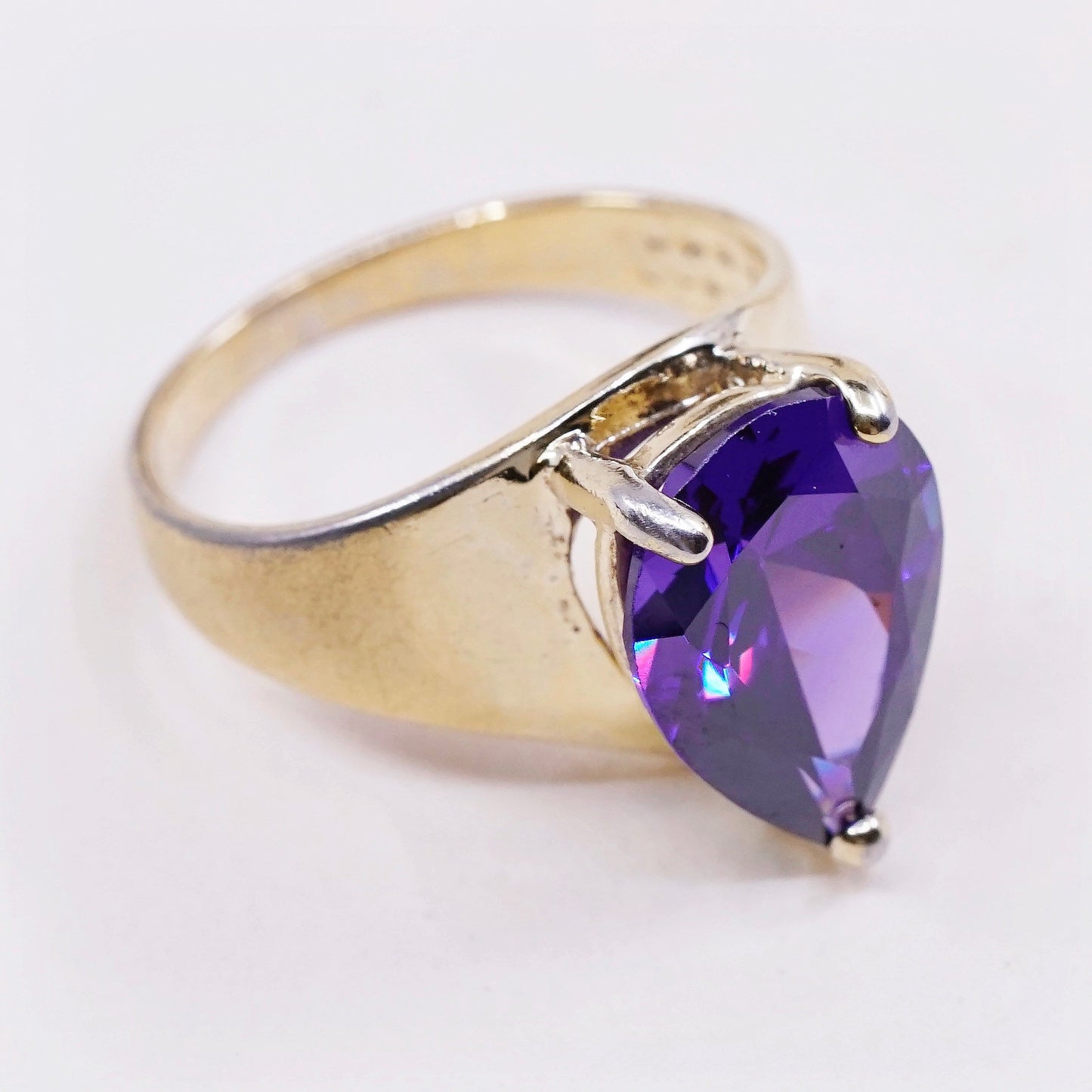 sz 8.25, vtg STC vermeil gold over Sterling 925 silver ring w teardrop amethyst