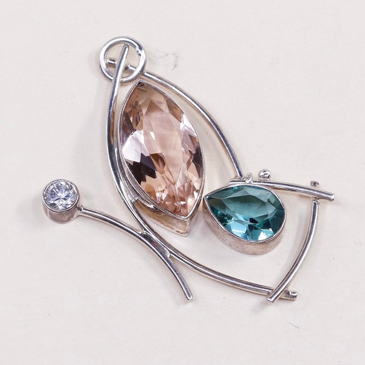 VTG modern sterling silver handmade pendant, 925 Mexico orange green topaz N cz