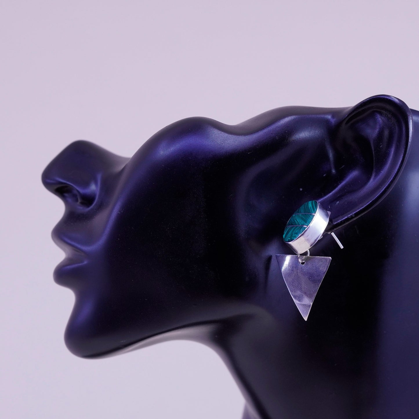 Mexico sterling 925 silver handmade earrings oval malachite triangular dangled