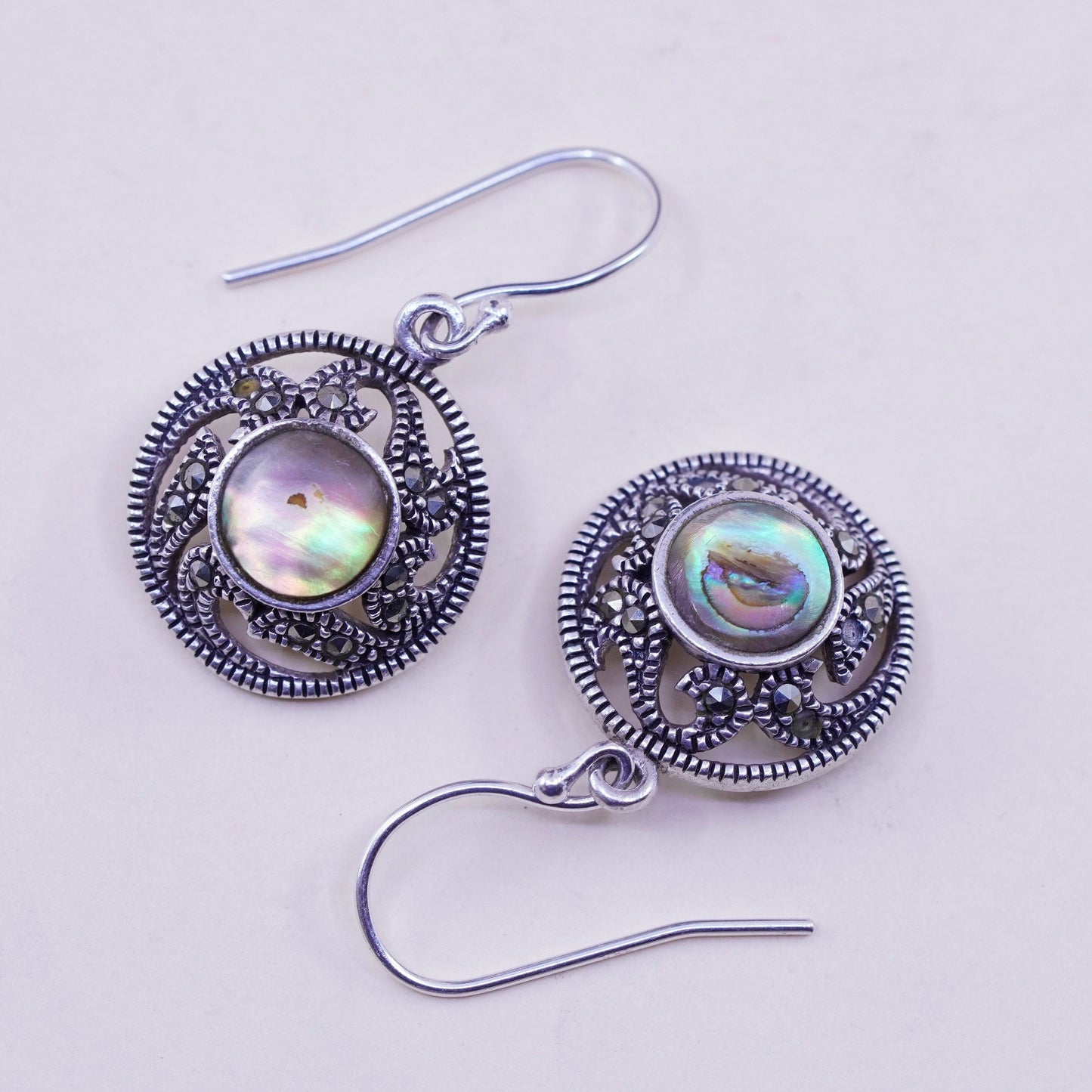 Vintage Sterling silver handmade earrings, 925 circle with abalone marcasite