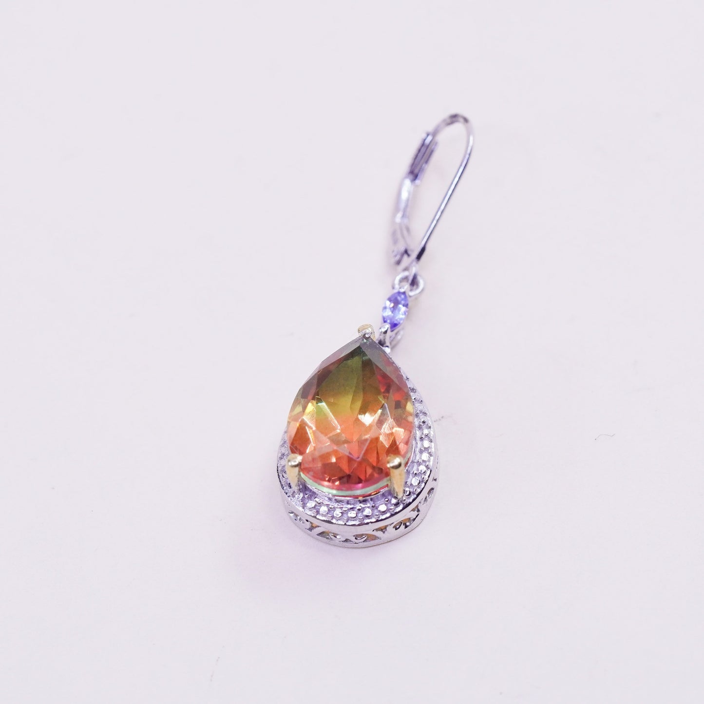 Vintage Sterling 925 silver handmade earrings with teardrop rainbow crystal