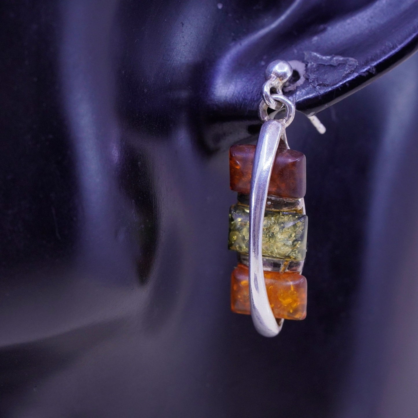 Vintage Sterling silver handmade earrings, 925 rectangular dangles with amber