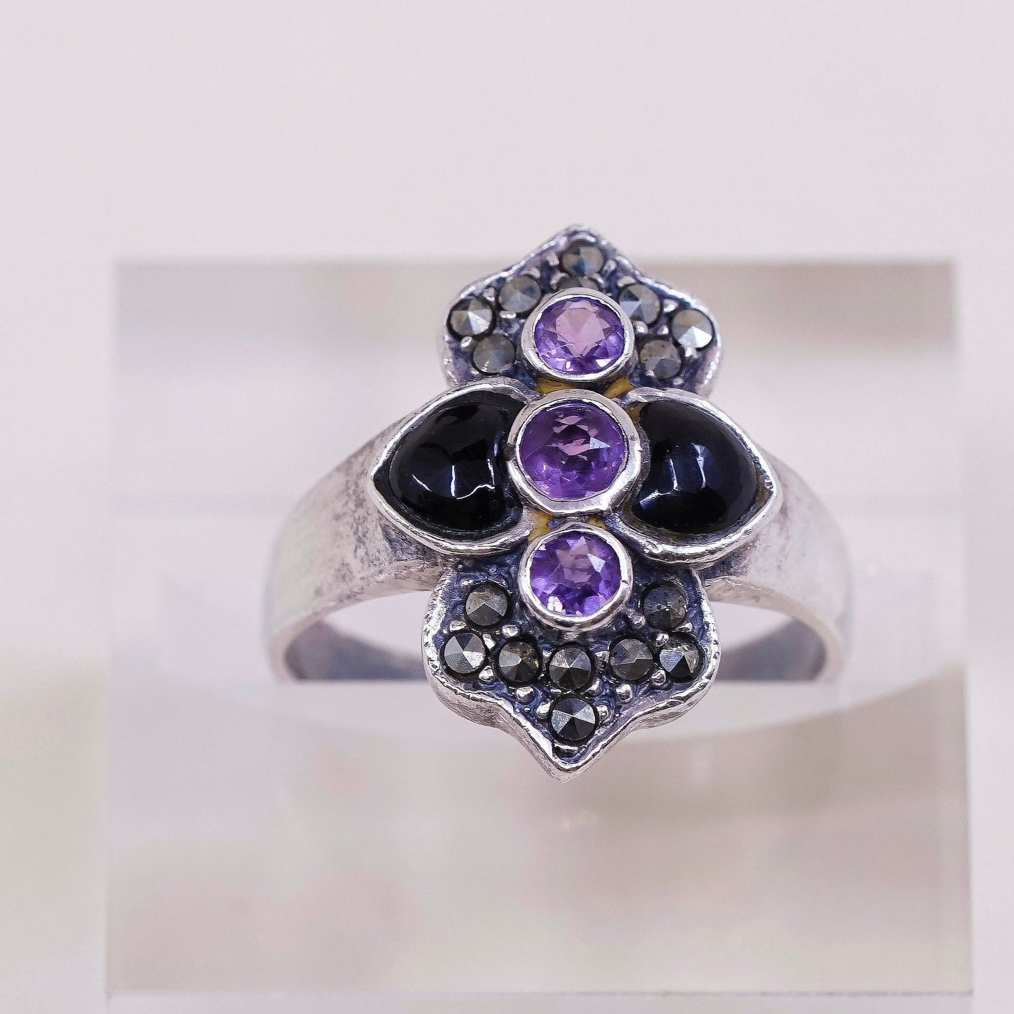 sz 8.75, vtg sterling 925 silver handmade ring w/ amethyst n marcasite