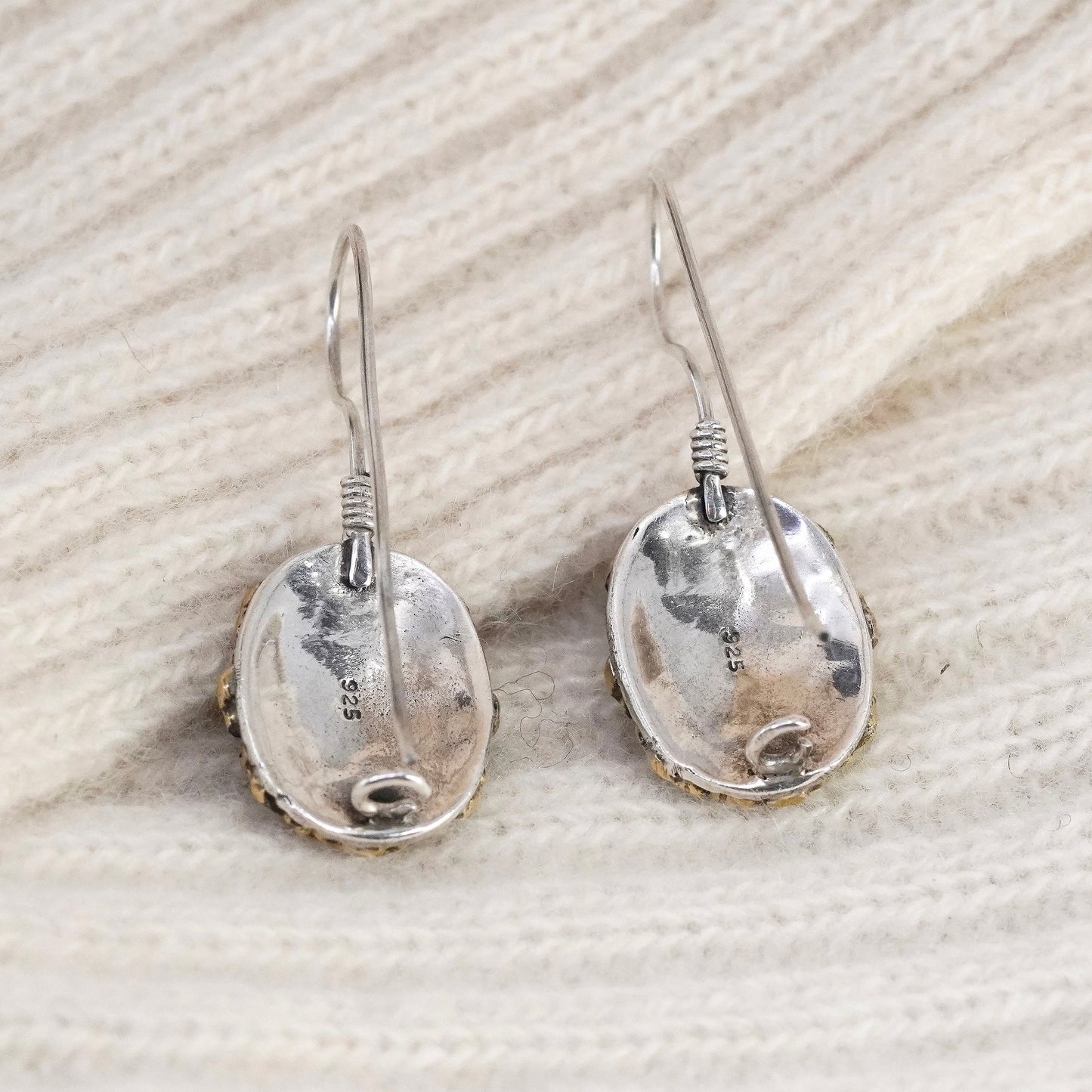 Vintage two tone sterling 925 silver handmade teardrop earrings w/ turquoise cz