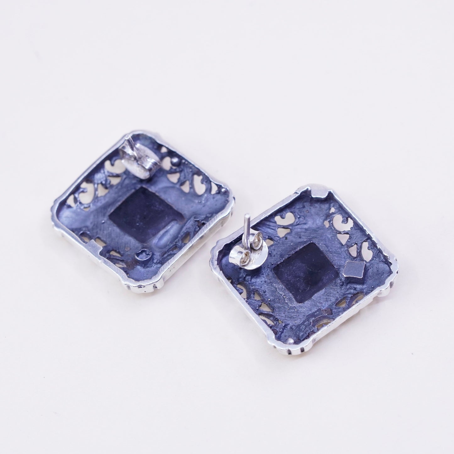 Vintage Sterling silver handmade earrings, filigree 925 studs with square onyx