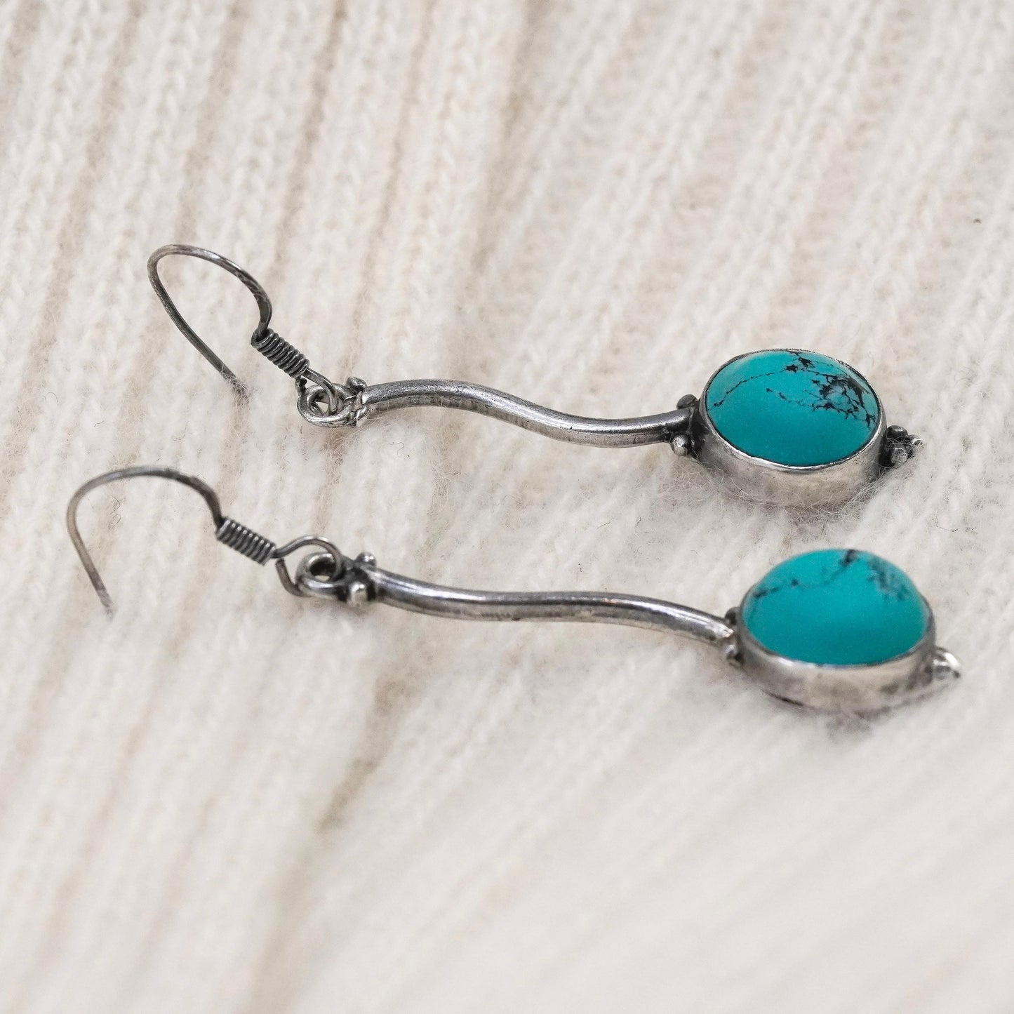 Vintage Sterling silver handmade earrings, 925 wavy drops with turquoise