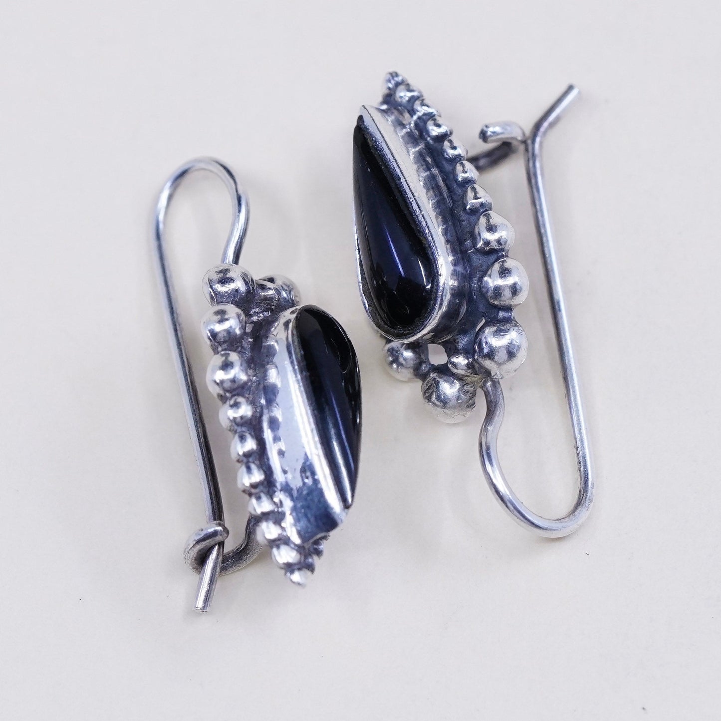 Vintage Sterling silver handmade earrings, 925 teardrop obsidian with beads