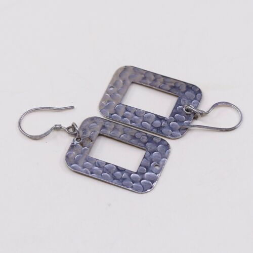 vtg Modernist Hammered Sterling 925 Silver Square Dangles Earrings, Stamped 925