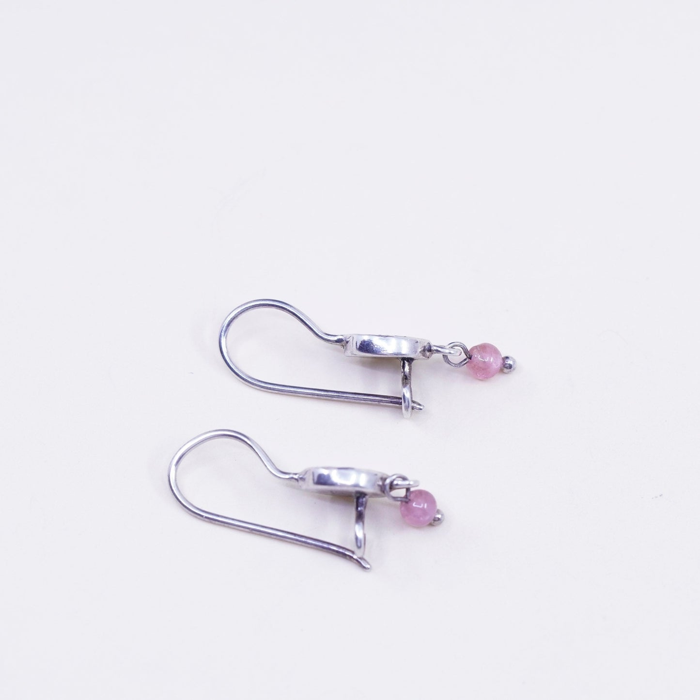 Sterling silver handmade earrings, modern 925 circle disc dangles pink quartz
