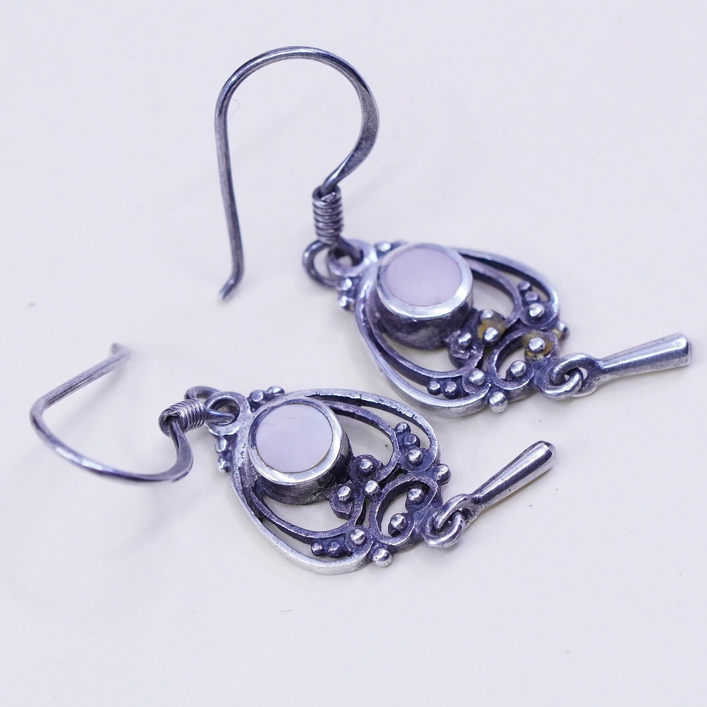 Boma sterling silver handmade earrings, 925 filigree dangles w/ white MOP