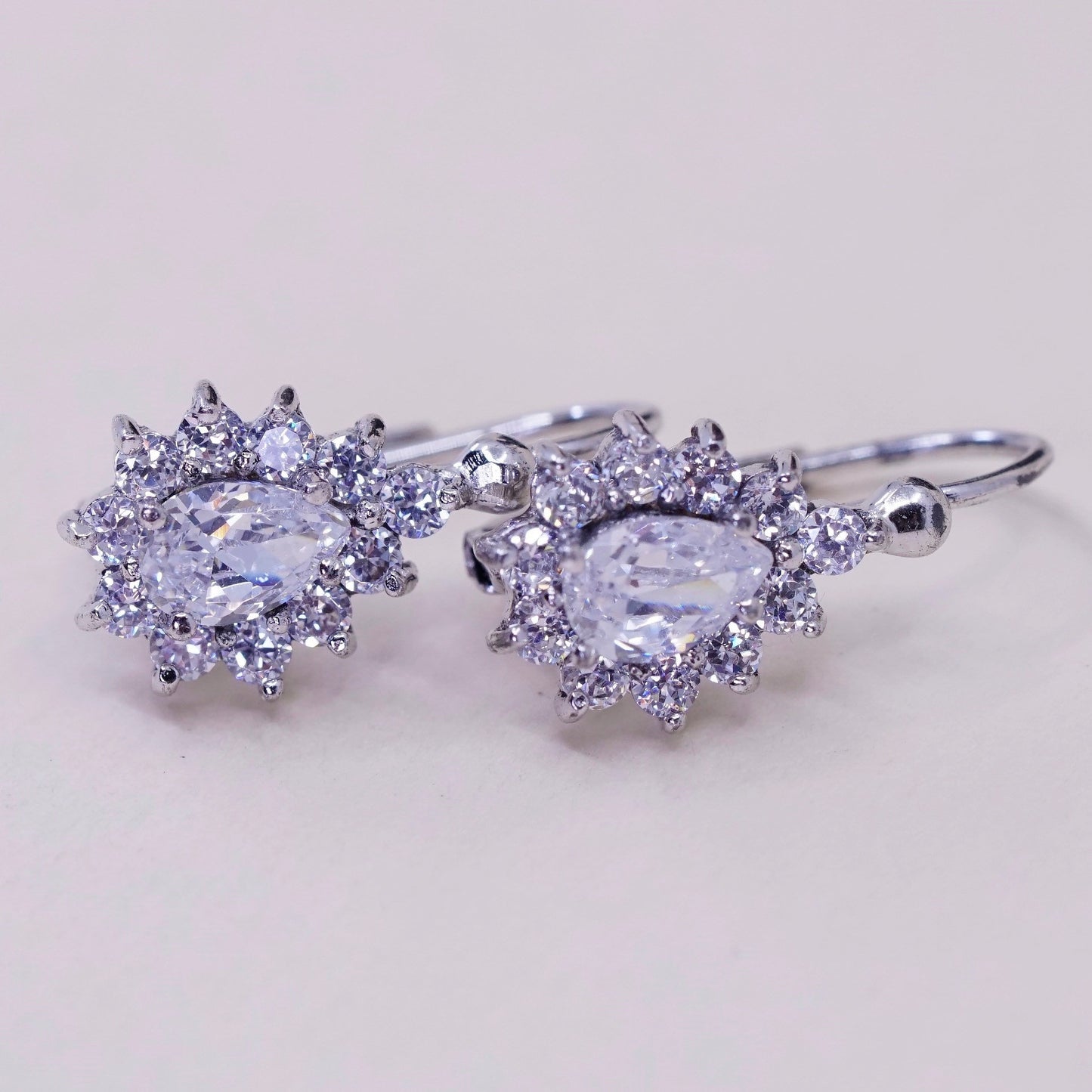 Vintage Sterling 925 silver handmade earrings, teardrop Cz dangles