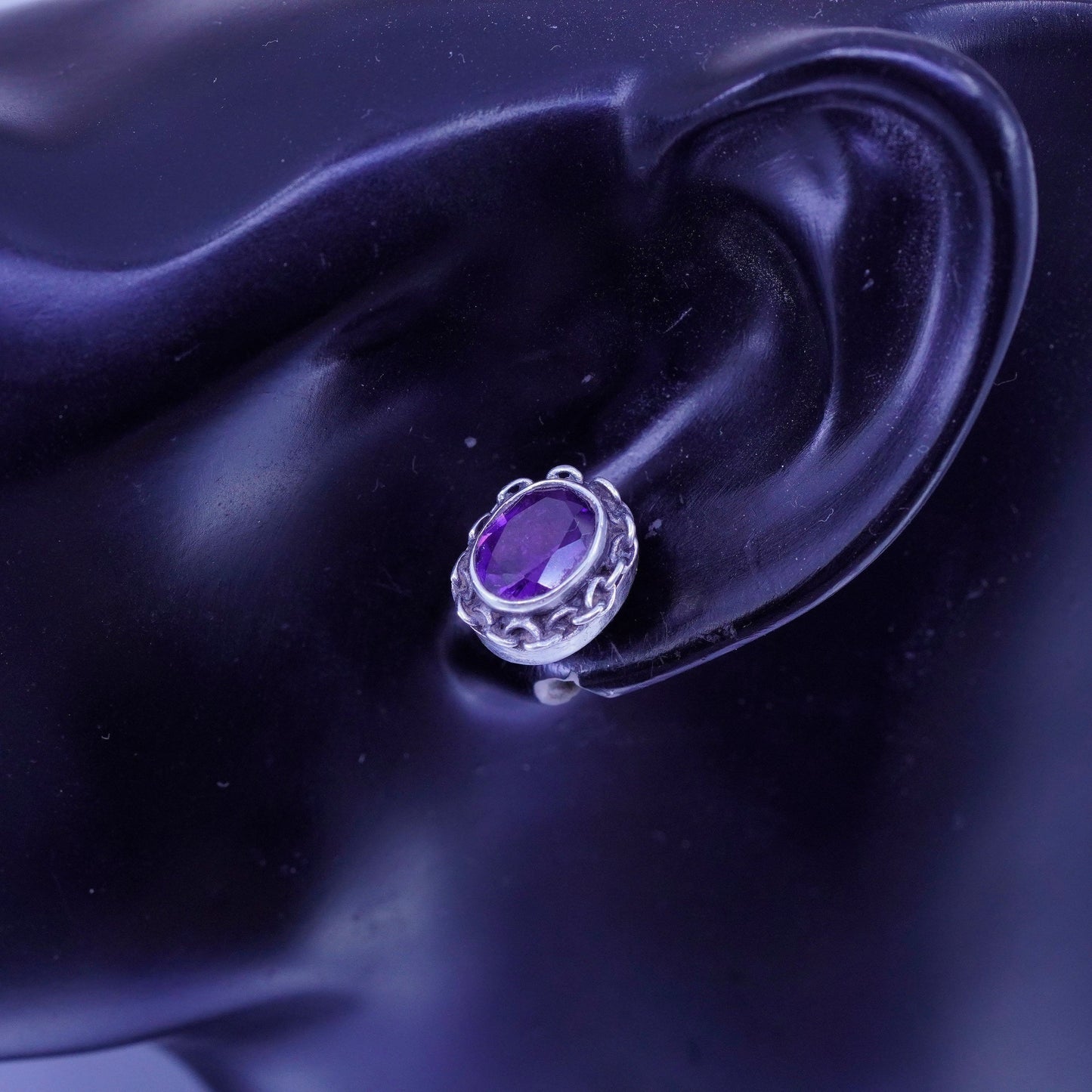 Vintage Sterling 925 silver handmade earrings, studs with amethyst
