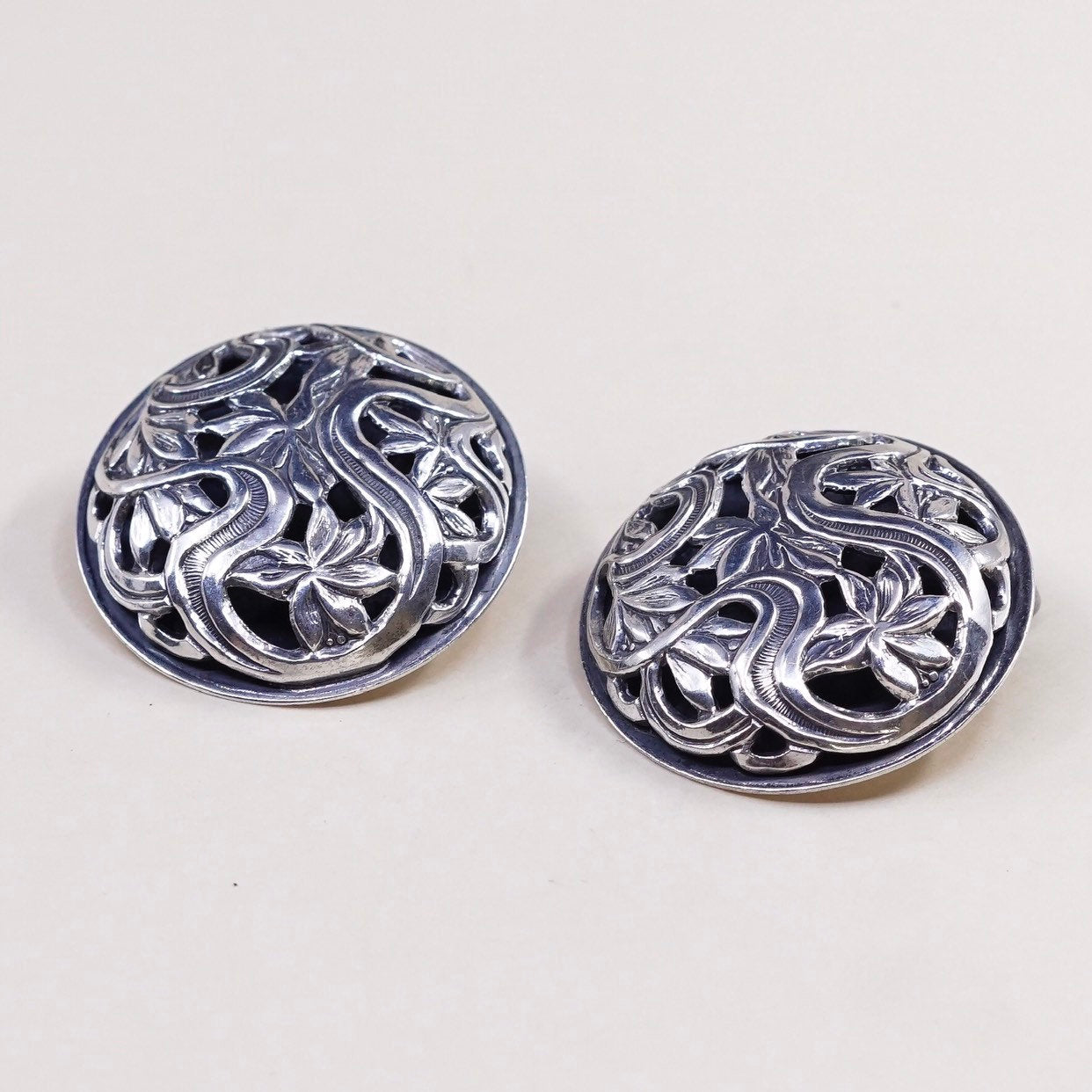 vtg sterling 925 silver handmade earrings, clip on earrings w/ flower cut out