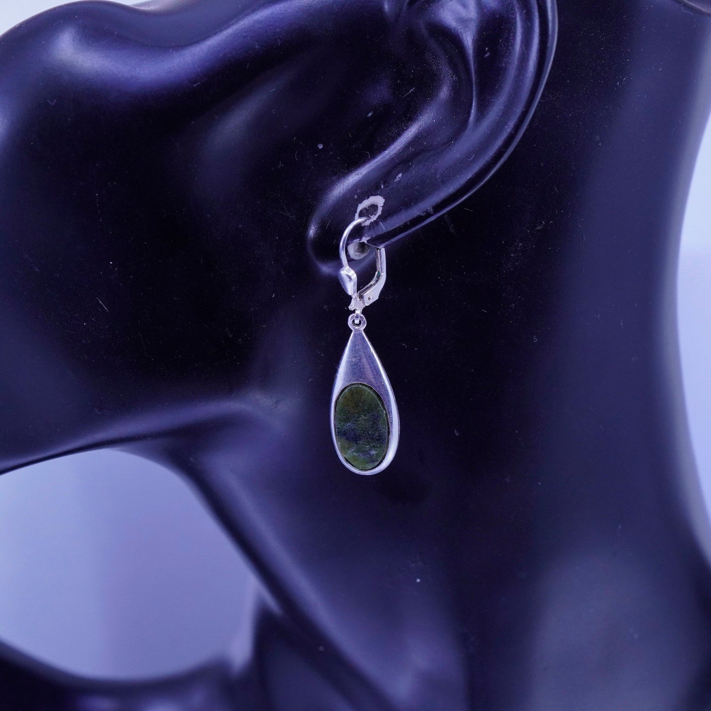 Vintage Sterling 925 silver handmade teardrop jade earrings
