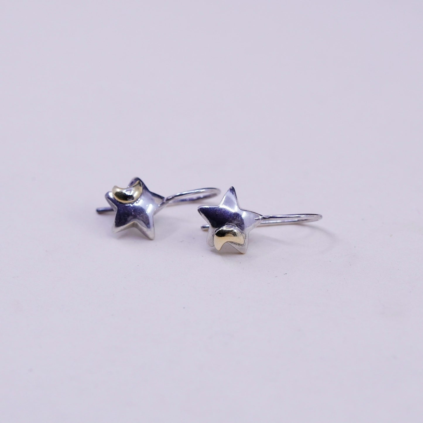 sterling silver modern earrings, 925 textured star with 14K yellow gold moon