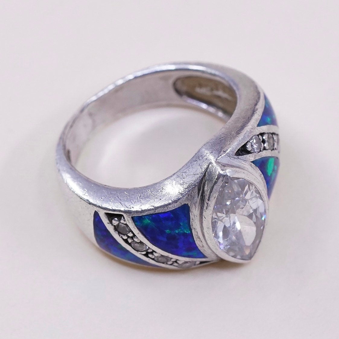 sz 5.75,vtg Sterling silver handmade ring, 925 band w/ fire opal n marquise cz