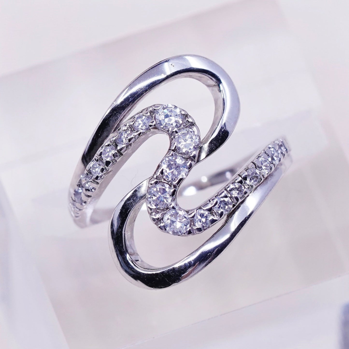Size 7.25, Vintage sterling silver handmade wavy ring, engagement ring with cz