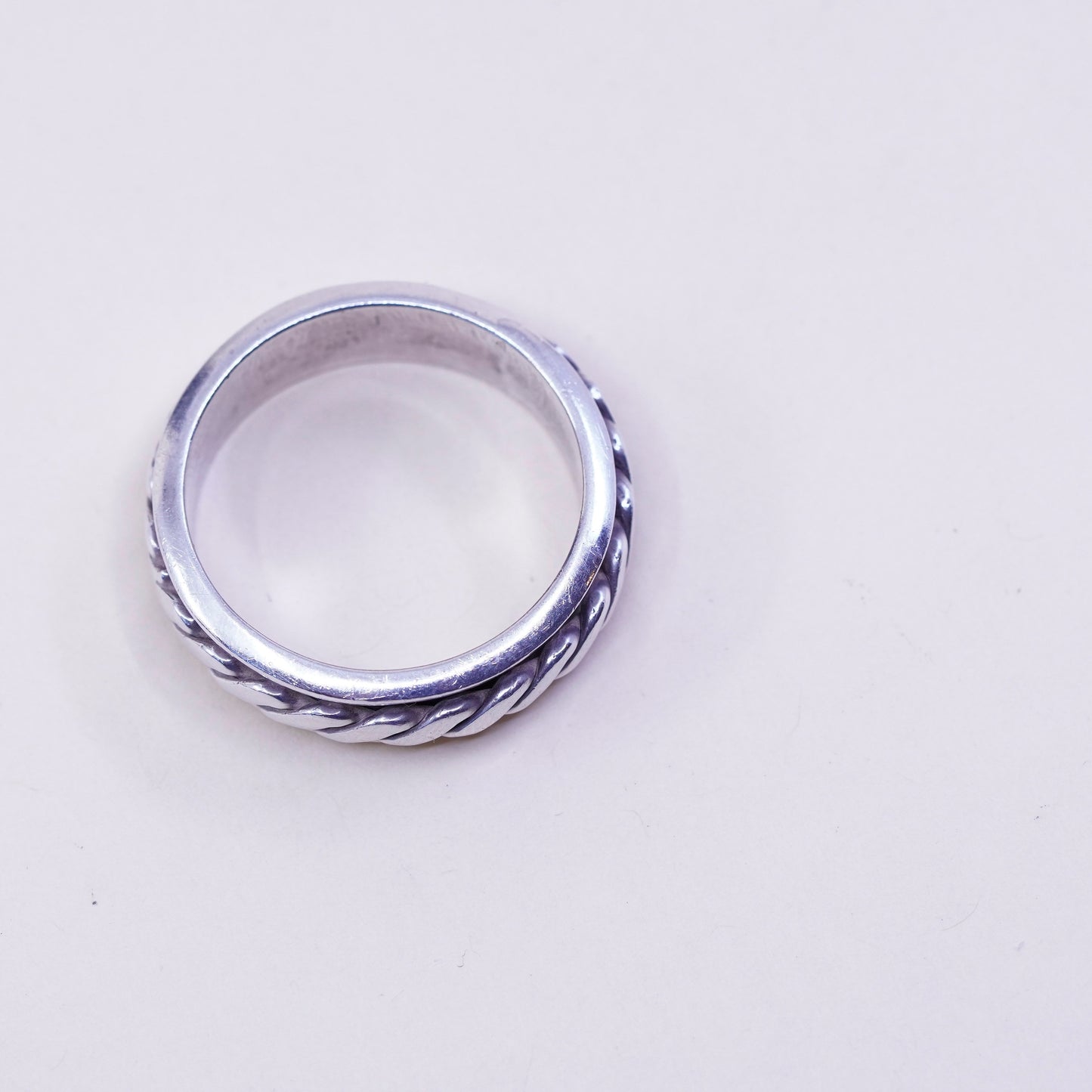 Size 14, vintage sterling silver handmade ring, 925 spinner roller band cable