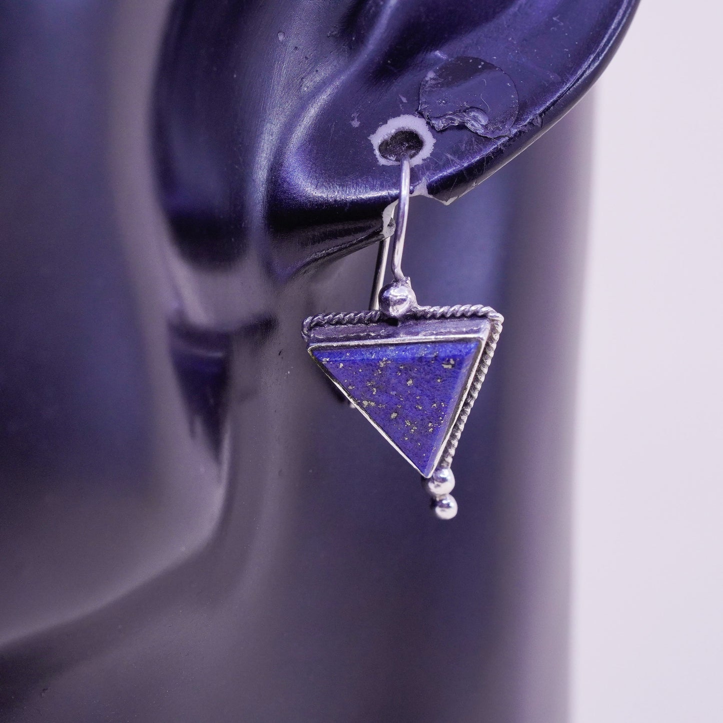 Vintage PRECIV Sterling 925 Silver Handmade earrings w/ triangular lapis lazuli
