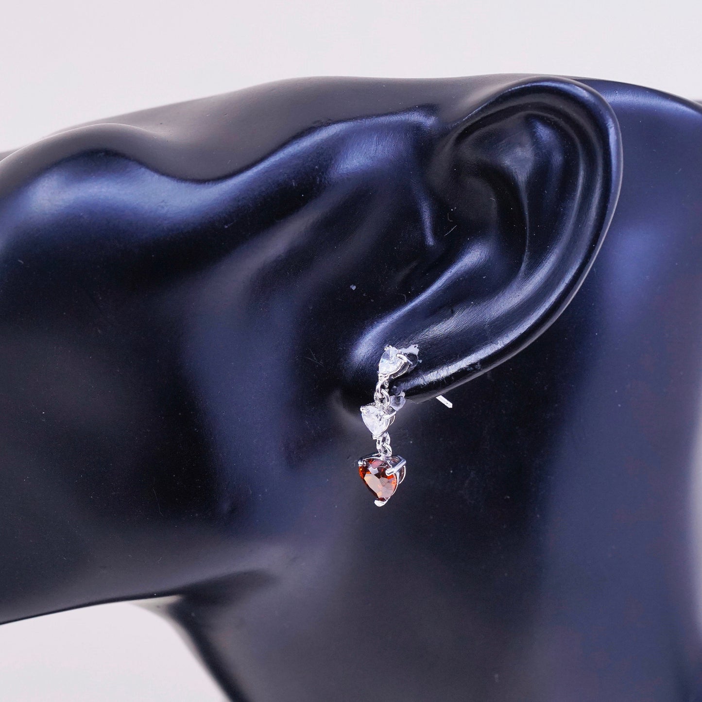 Vintage sterling silver handmade earrings, 925 with heart ruby and Cz