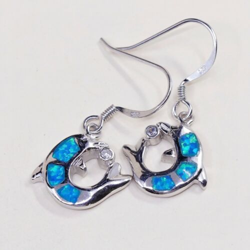 Vintage Sterling 925 Silver Handmade Dolphin dangle earrings W/ Opal Inlay