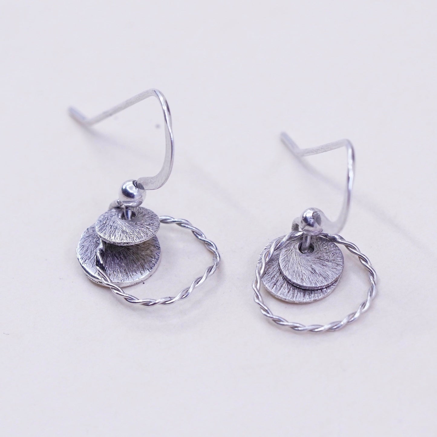 Vintage lightweight Hammered Drop Disc Sterling Silver Earrings, Stamped 925