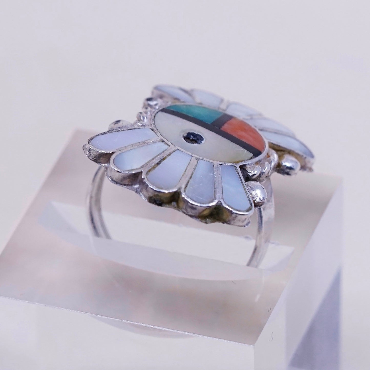 sz 6, sterling silver handmade 925 w/ coral N turquoise, Zuni Tewa sun ring