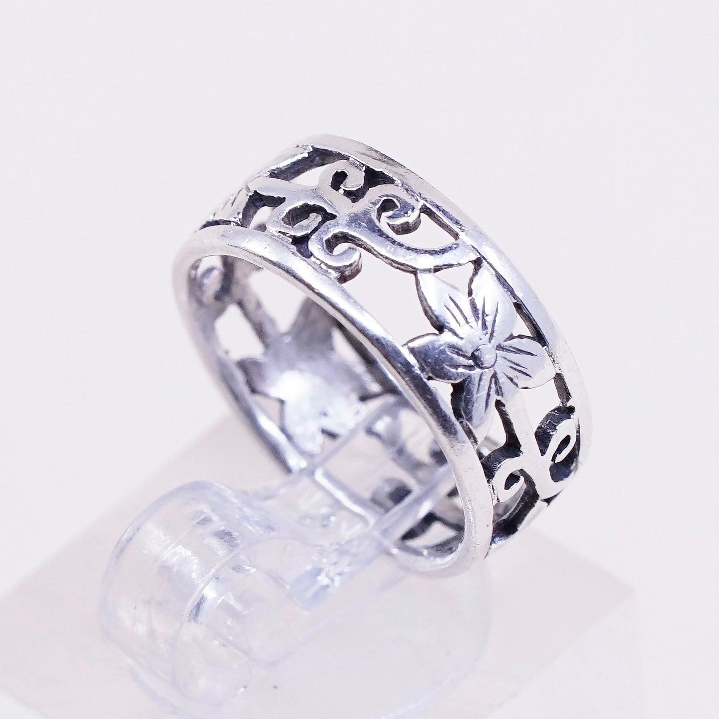 sz 4.75, vtg sterling silver handmade ring, 925 band w/ floral filigree