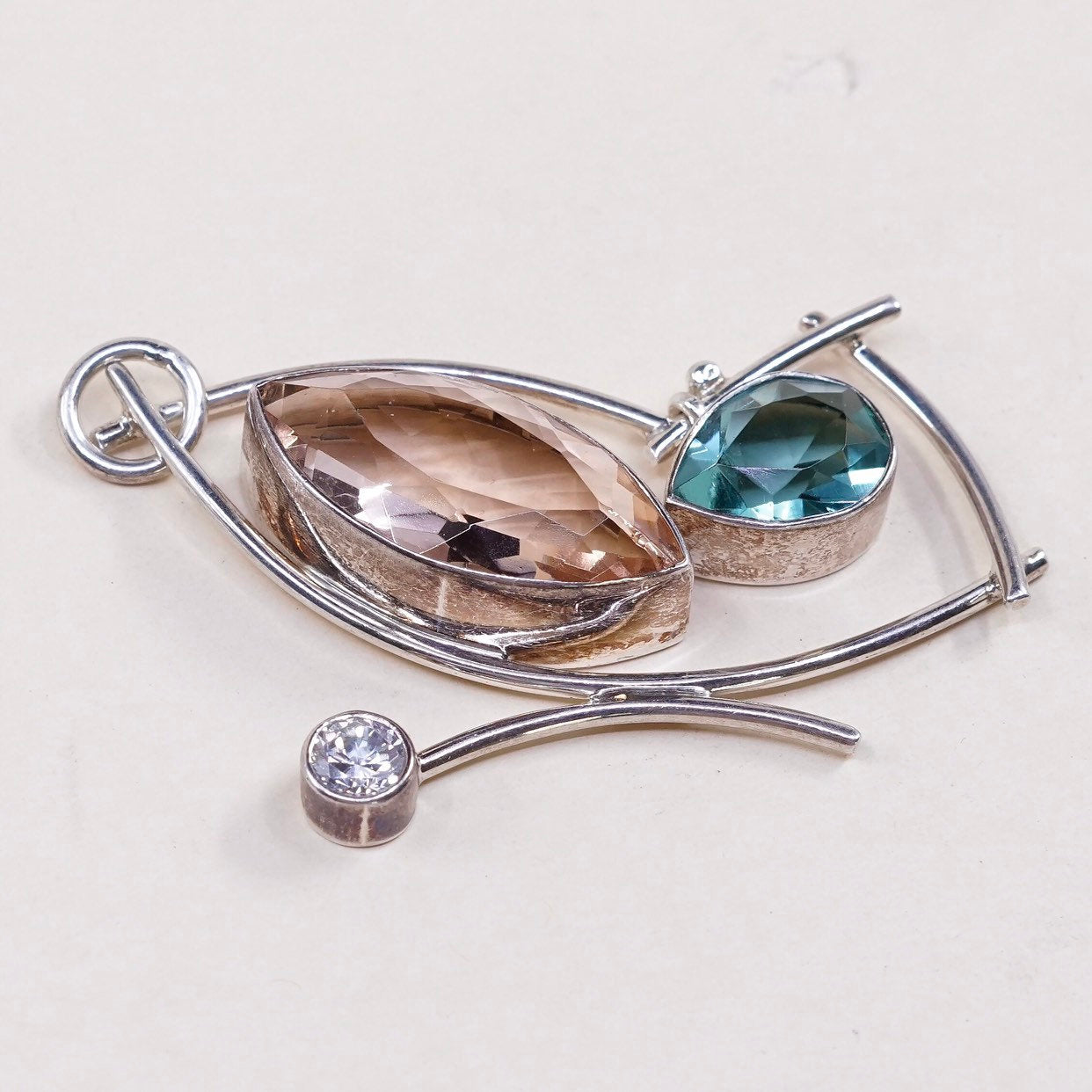 VTG modern sterling silver handmade pendant, 925 Mexico orange green topaz N cz