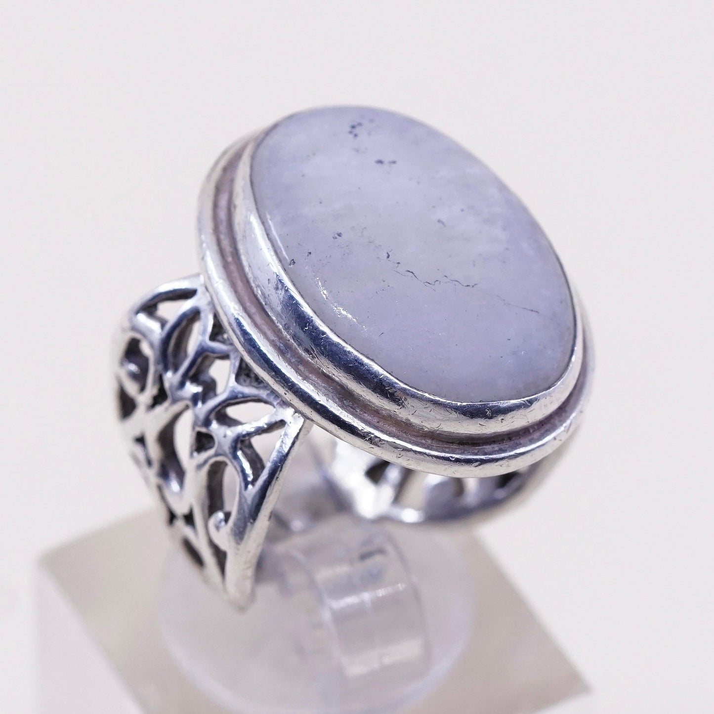 Size 6, vintage sterling 925 silver handmade filigree ring with moonstone