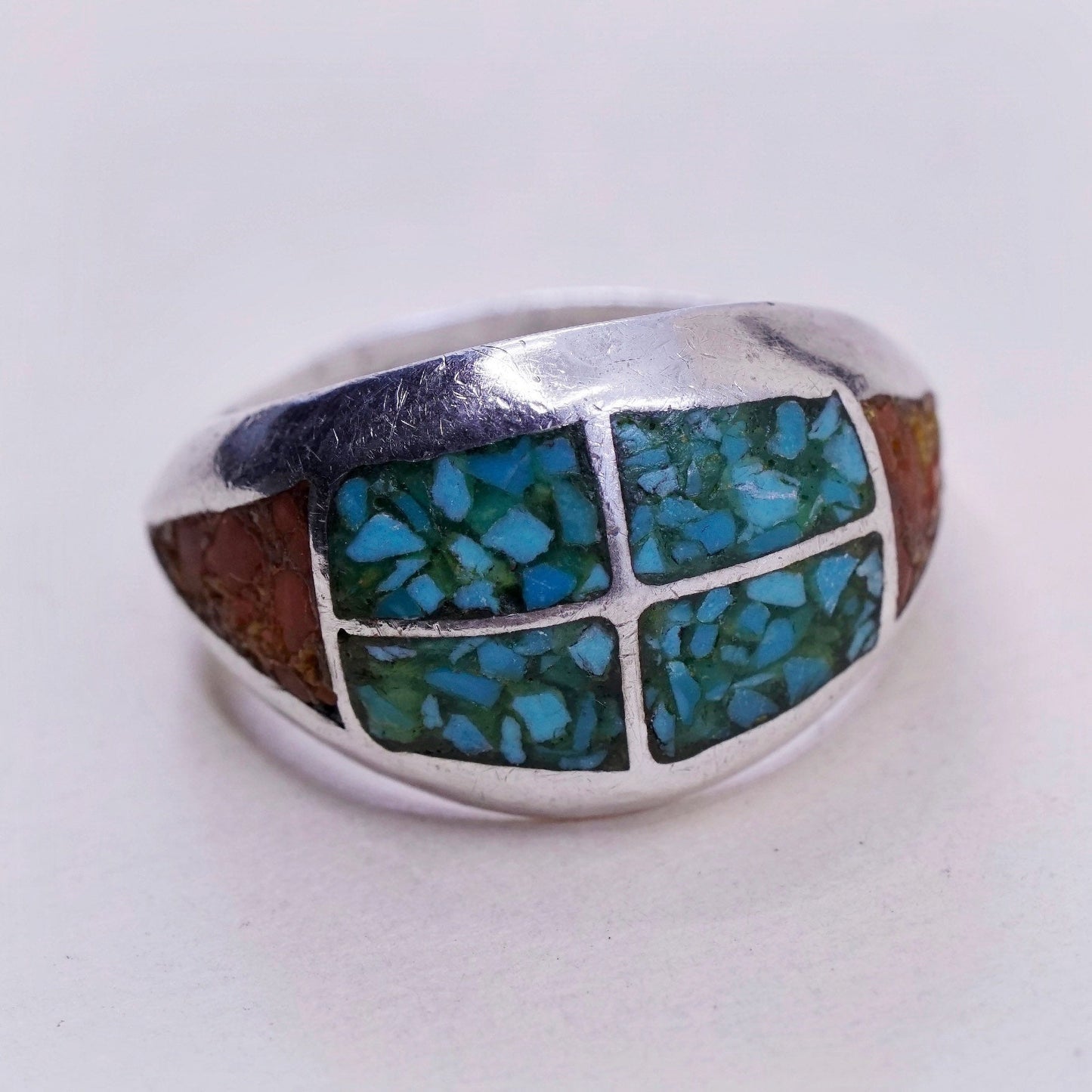 sz 9, natives American Sterling 925 silver handmade ring w/ turquoise N coral