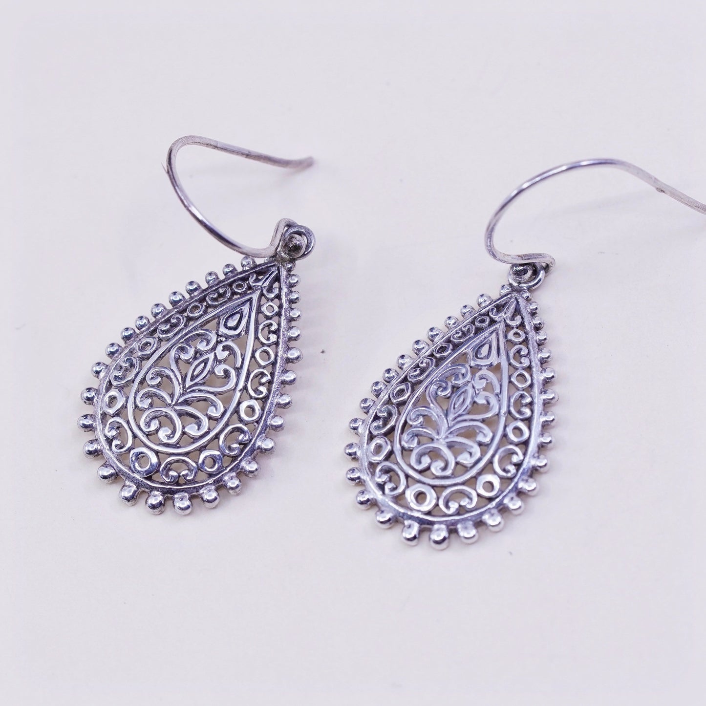 Vintage ATI Sterling silver handmade earrings, 925 filigree teardrop, stamped ATI 925