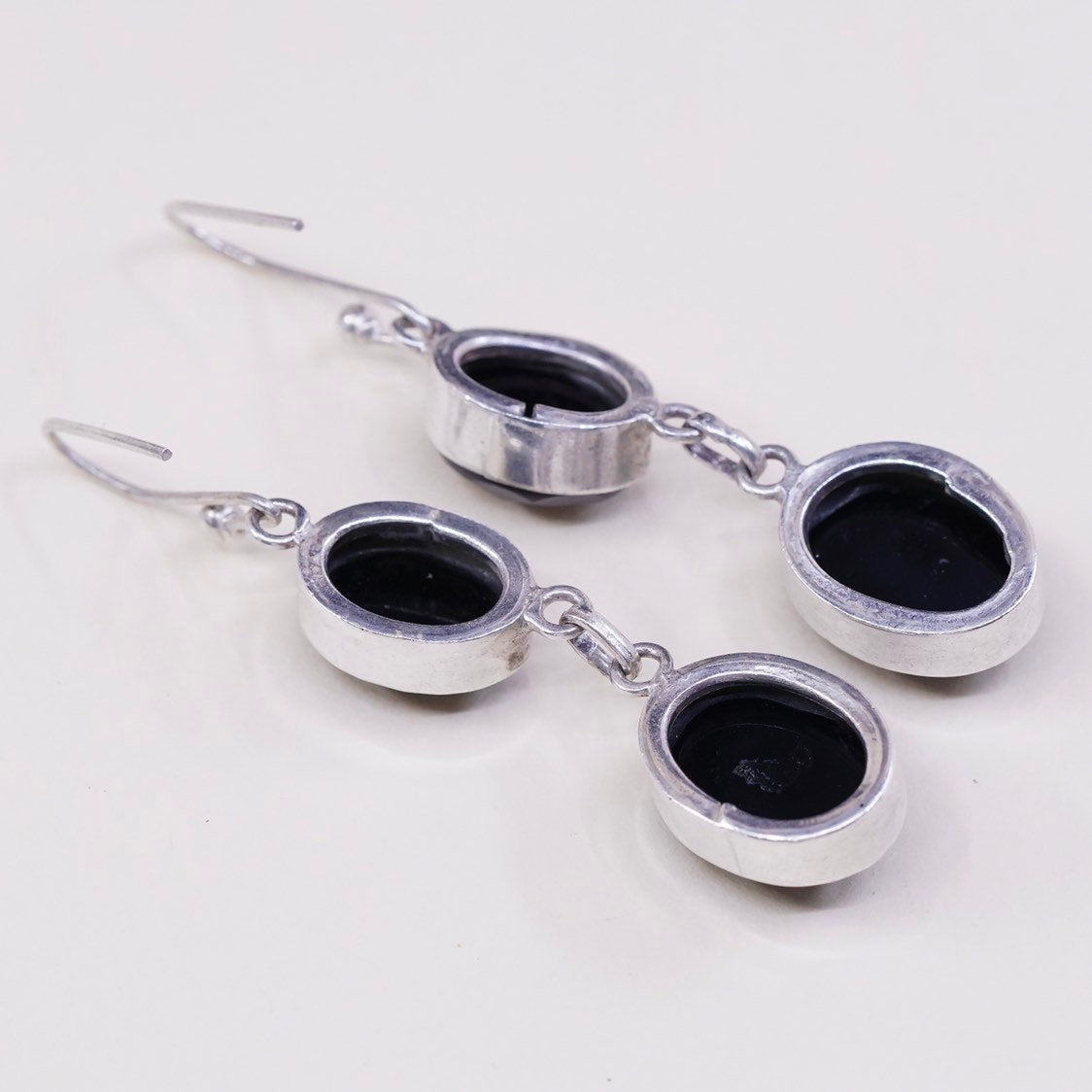 vtg Sterling silver handmade earrings, 925 w/ oval shaped obsidian drops