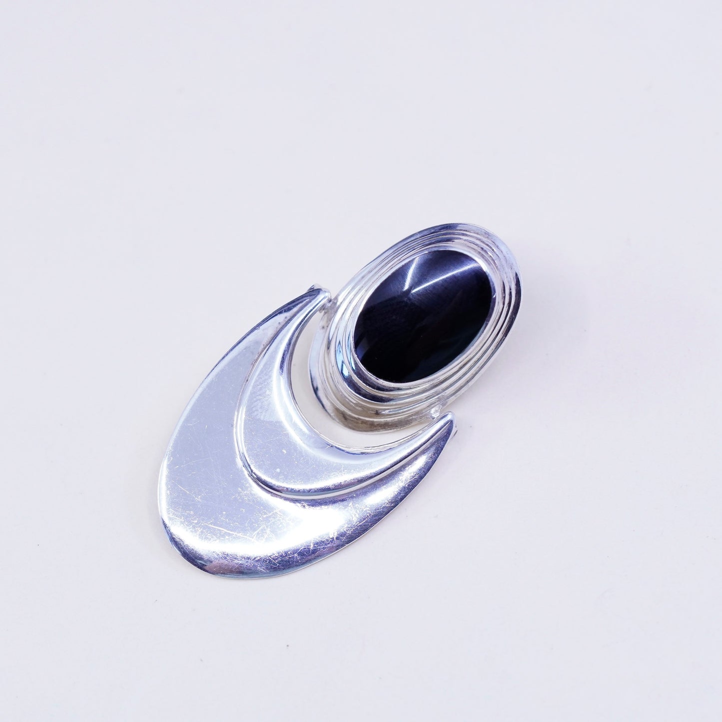vtg Sterling 925 silver handmade earrings with oval obsidian drops, elegant