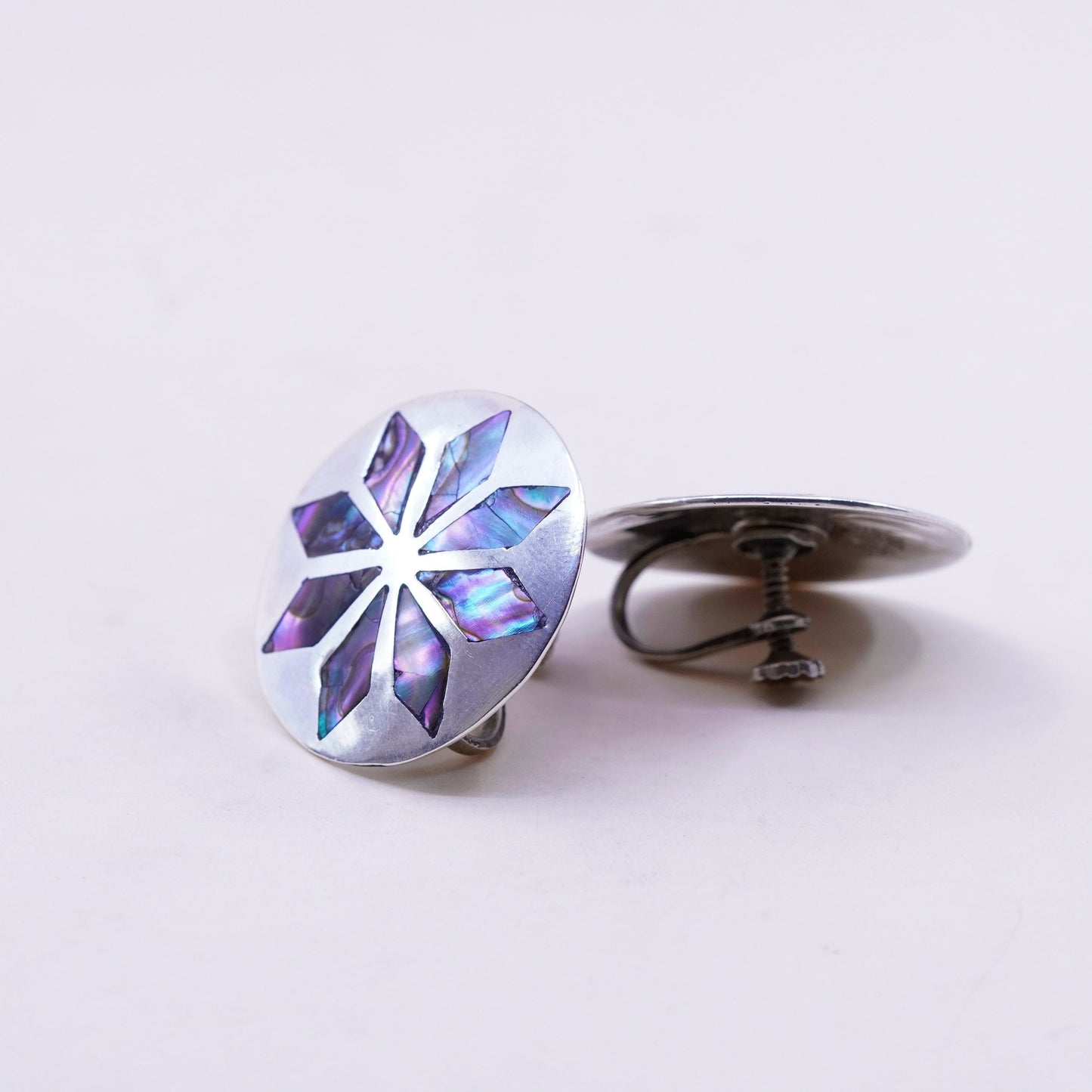 Mexico Sterling silver handmade earrings, 925 screw back flower with abalone