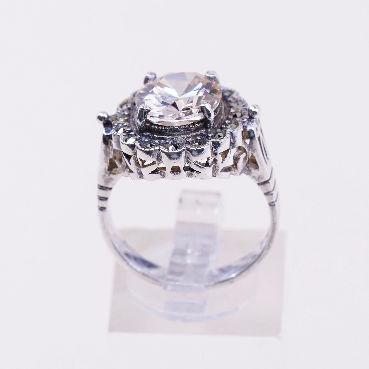 sz 8.5, vtg Sterling 925 silver handmade cocktail ring w/ citrine N marcasite