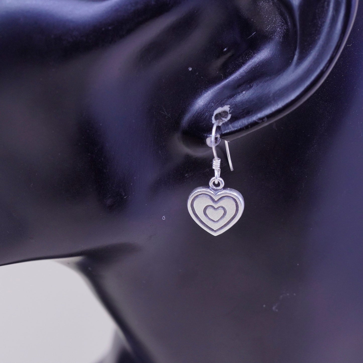 Vintage sterling silver handmade earrings, 925 heart dangles, stamped 925 NF