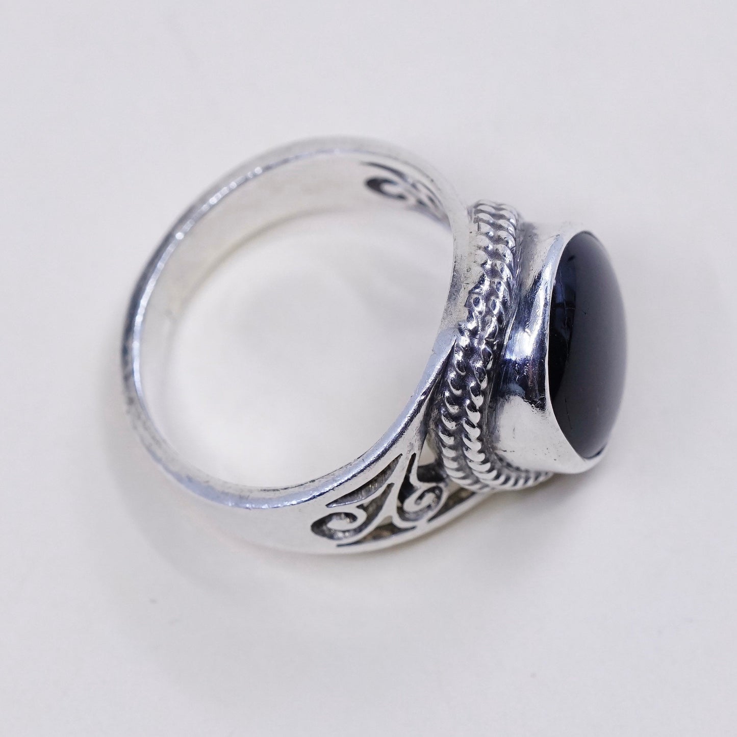 sz 7, vtg sterling silver ring, handmade filigree 925 ring w/ black tiger eye