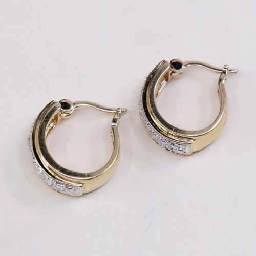 0.5”, Vermeil Gold sterling silver earrings Hoops Huggie W Diamond, Stamped 925