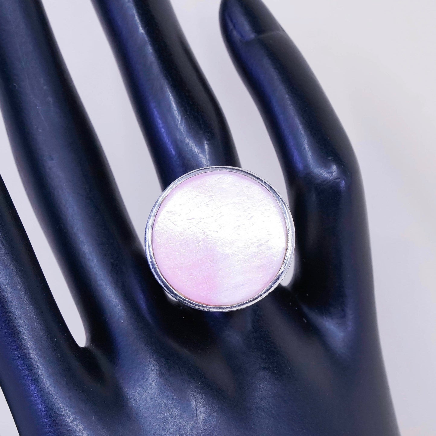sz 7.25, mexico PB sterling silver handmade ring w/ round pink mother of pearl