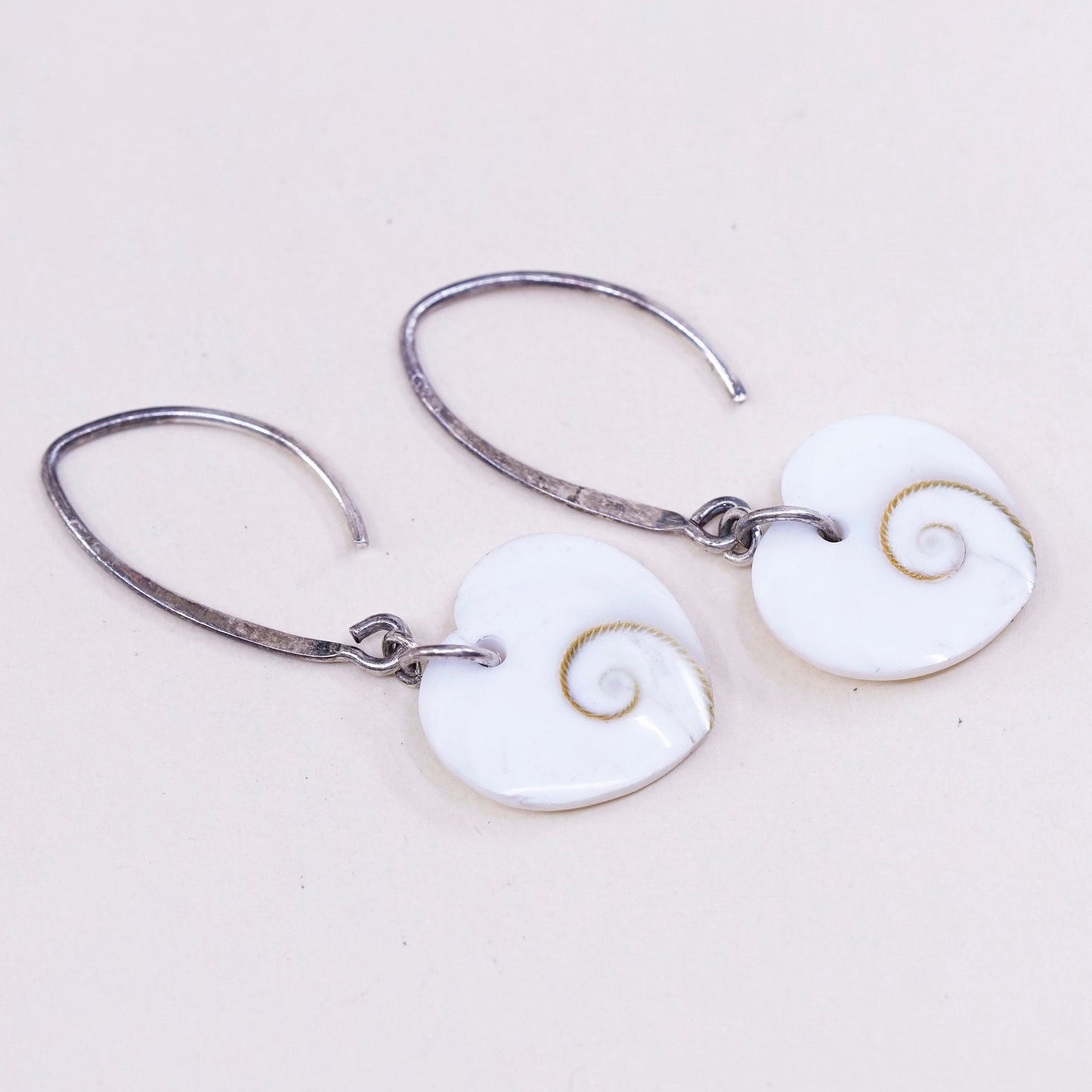 Vintage sterling silver handmade earrings, 925 with heart shell dangles