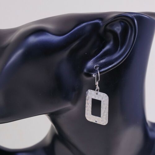 vtg Modernist Hammered Sterling 925 Silver Square Dangles Earrings, Stamped 925