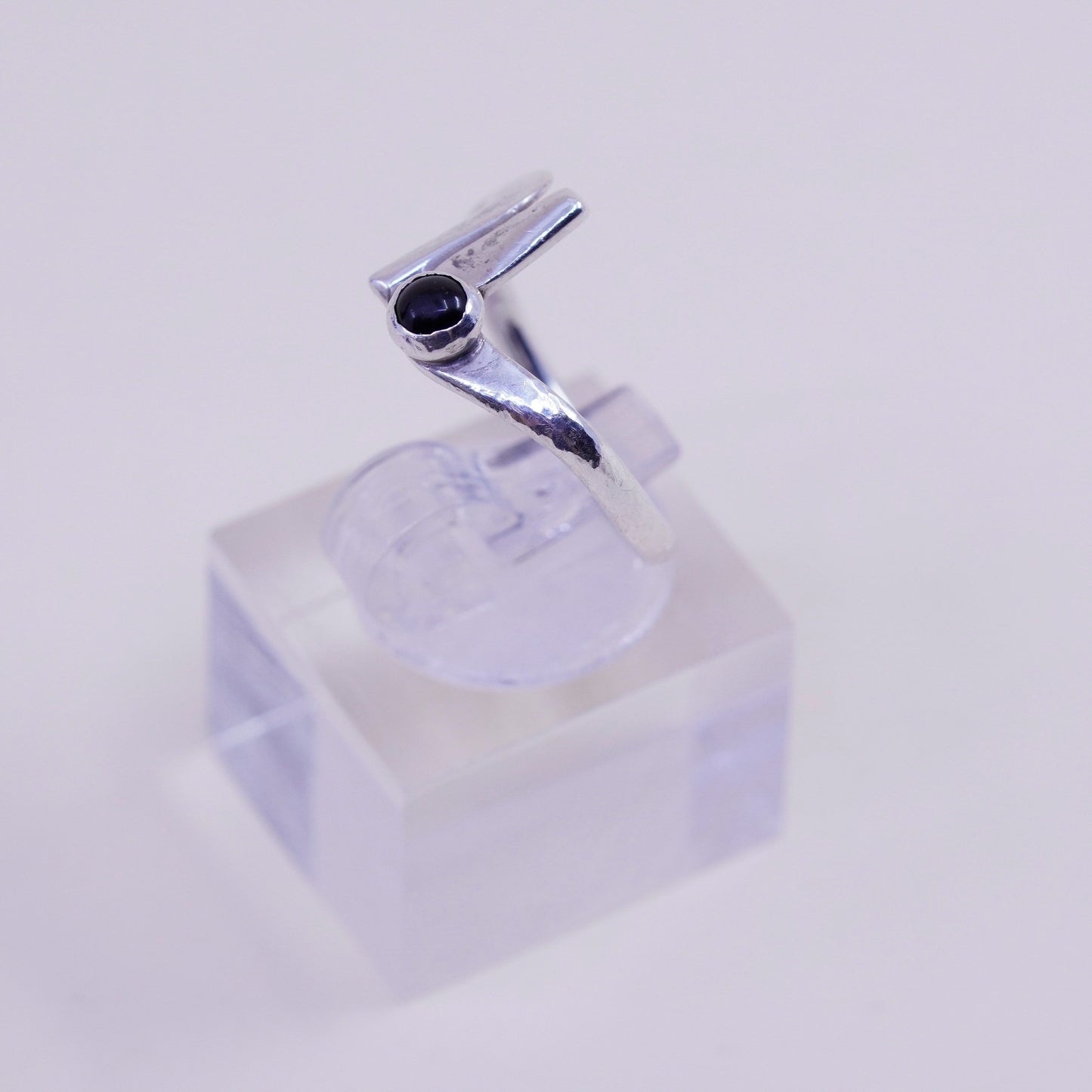 Size 5, vtg sterling silver handmade ring, Mexico 925 statement ring obsidian