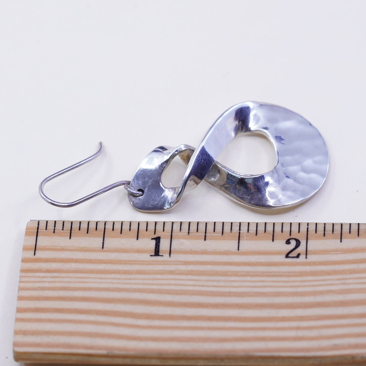 Vintage Sterling silver handmade earrings, hammered 925 infinity loop dangle