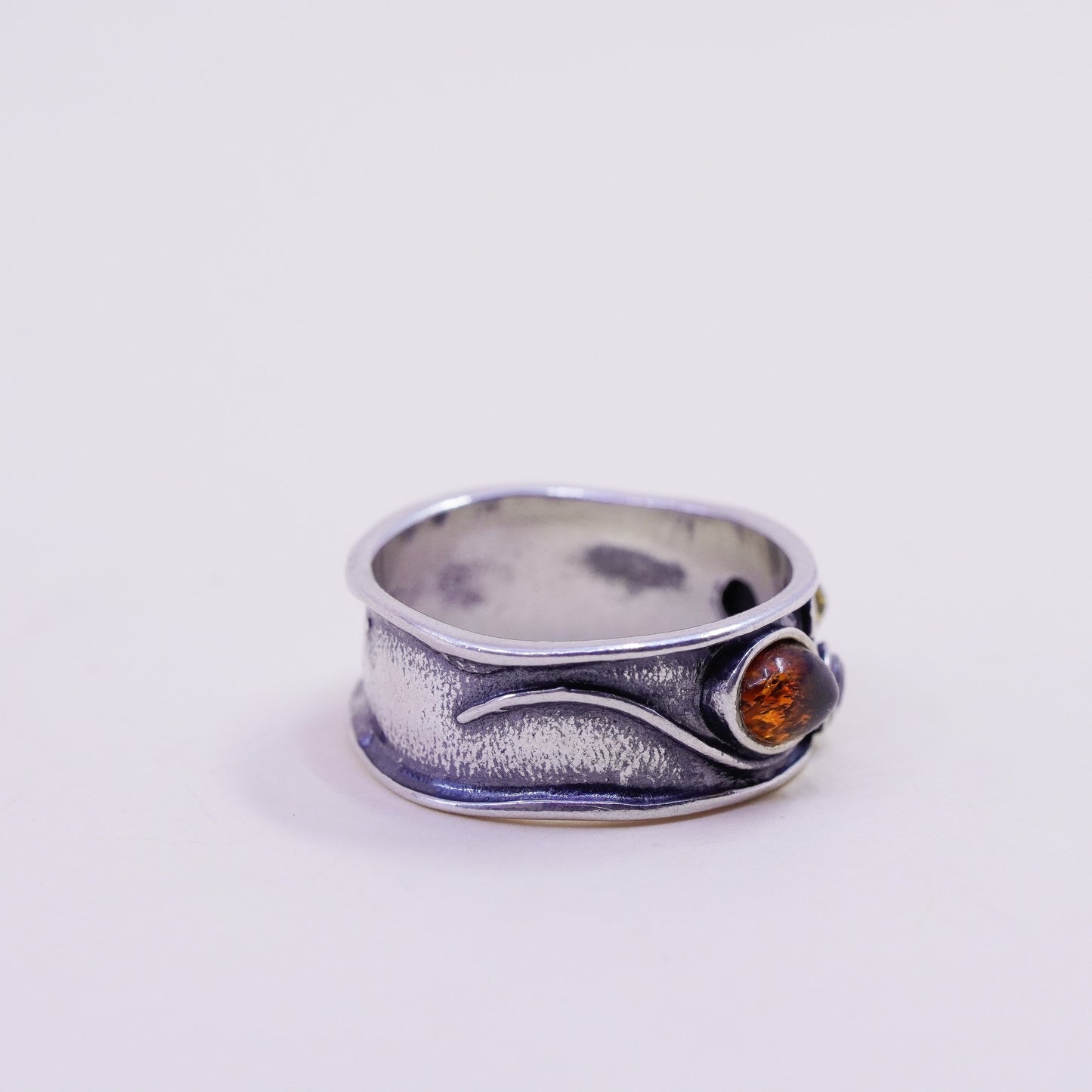 Size 6, Vintage sterling 925 silver handmade ring with Amber and cz