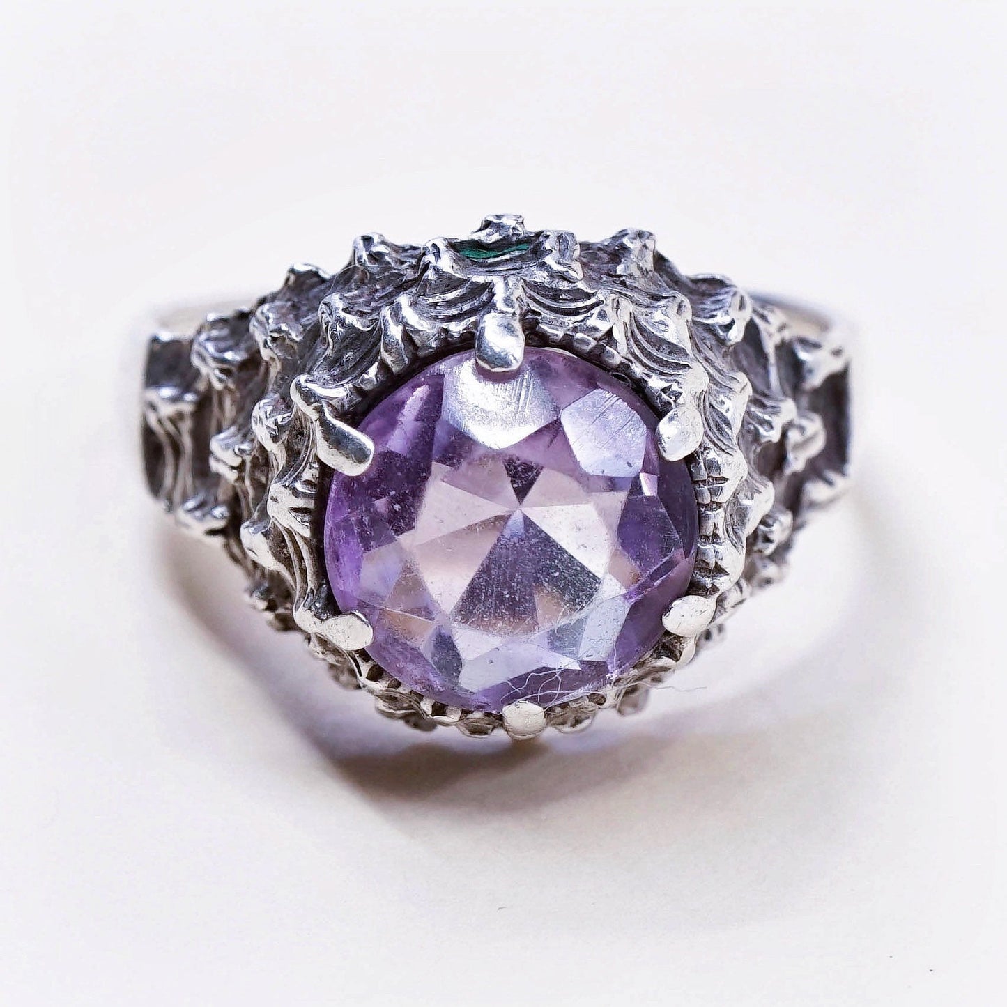 Size 6, vintage Sterling 925 silver handmade crown ring with amethyst
