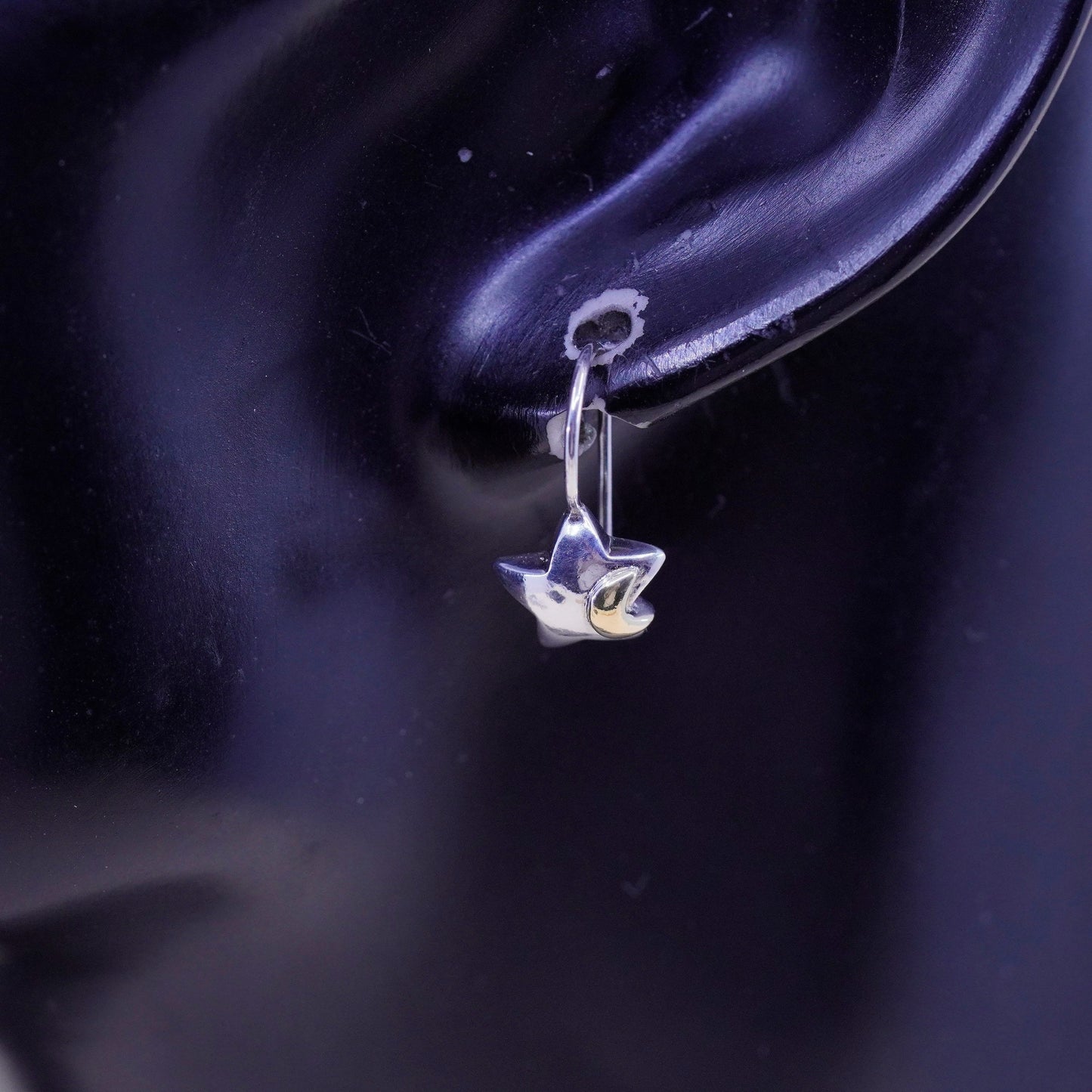 sterling silver modern earrings, 925 textured star with 14K yellow gold moon