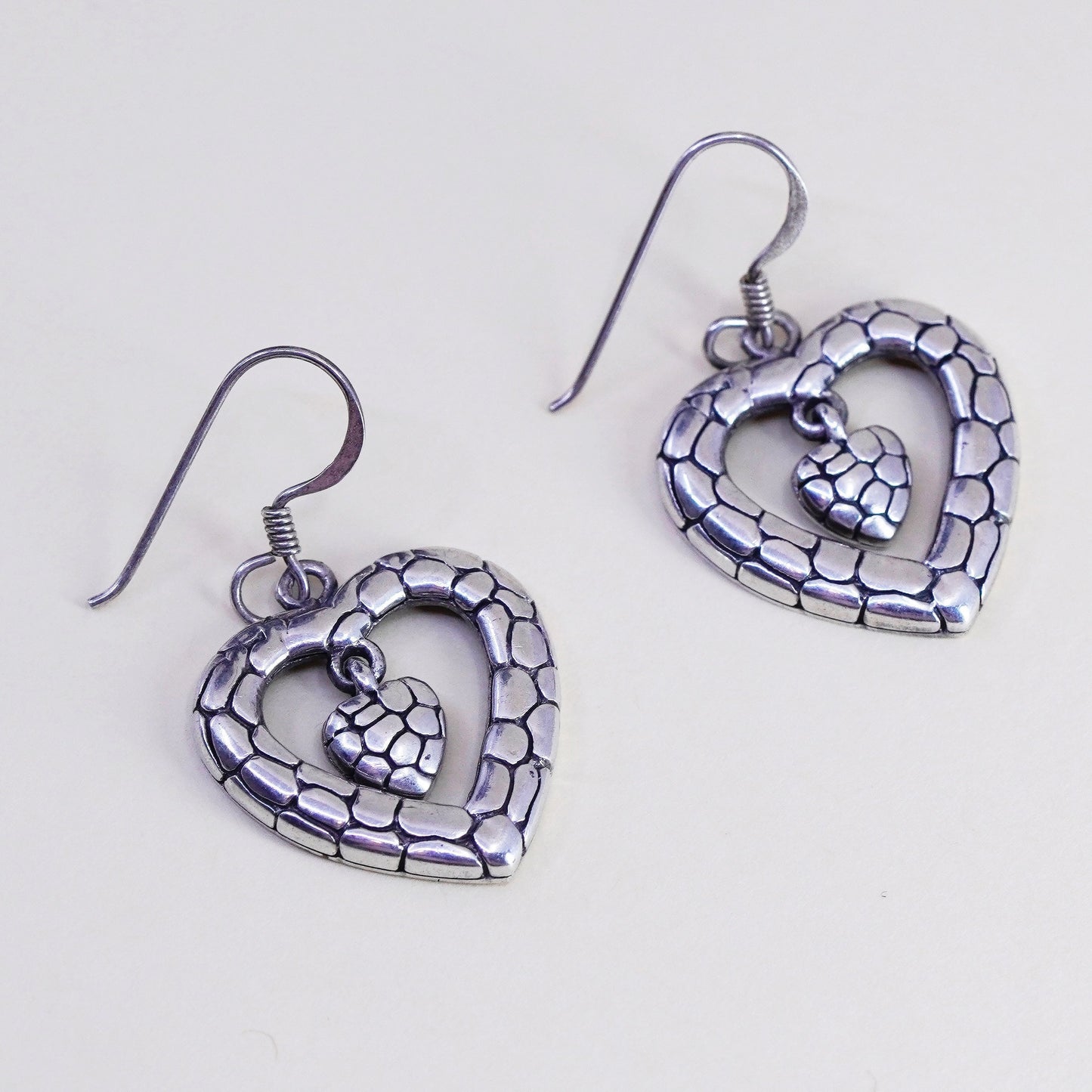 Vintage sterling silver handmade earrings, textured 925 heart dangles